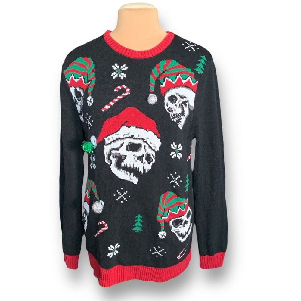 Ugly Christmas Sweater Black and Red Skull Design - Picture 3 of 10